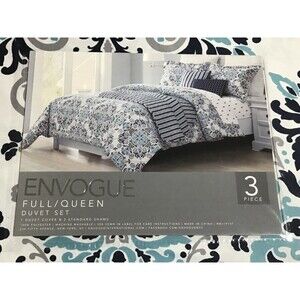 ENVOGUE Full/Queen 3 Piece Duvet Set White Blue Black New